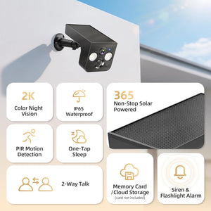 Solar Security Cameras Wireless Outdoor 2K Battery Powered AI Motion Detection 2-Way Talk Color Night Vision WiFi Waterproof SD/Cloud Storage Non-stop Solar Panel Camera Outdoor Wireless 2-Pack
